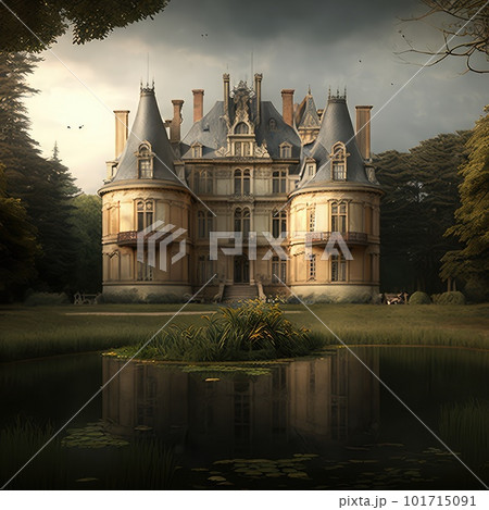 Medieval Haunted Castle, Gloomy Chateau, Drawing Imitation, Abstract Generative AI Illustration 101715091