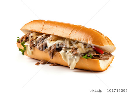Cheese Steak Sandwich, Philly Cheesesteak with Onions, Mushroom, Provolone, Abstract Generative AI Illustration 101715095