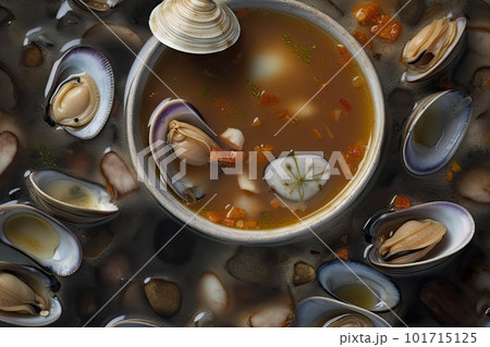Mussel Soup, Clam Chowder, Shellfish Dinner With Clams, Seafood Meal Bowl, Abstract Generative AI Illustration 101715125