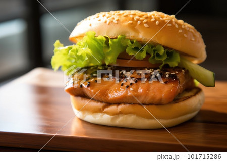 Salmon burger, with a grilled salmon fillet, teriyaki sauce, lettuce, cucumber, and wasabi mayo on a brioche bun with background of interior of japanese cafe  101715286