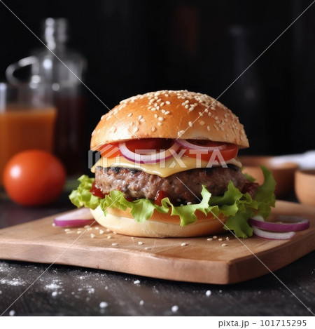 Cheeseburger, with juicy beef patties, slices of melted American cheese, lettuce, tomato and onion, special sauce on a sesame seed bun 101715295