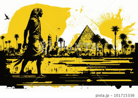 Egypt Travel Illustration, Cairo Tourism Concept, Pyramids, Landmarks, Giza Silhouette Graphic Art 101715336