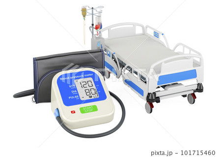 Automatic Digital Blood Pressure Monitor with hospital bed. 3D rendering Automatic Digital Blood Pressure Monitor with hospital bed. 3D rendering 101715460