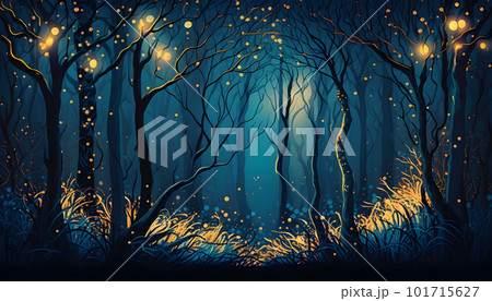Magical iridescent trees in dark mystery forest Magical iridescent trees in dark mystery forest 101715627