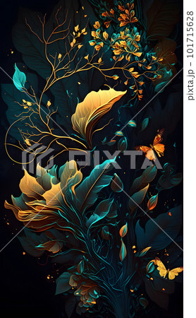 Magical iridescent flowers in dark mystery forest 101715628