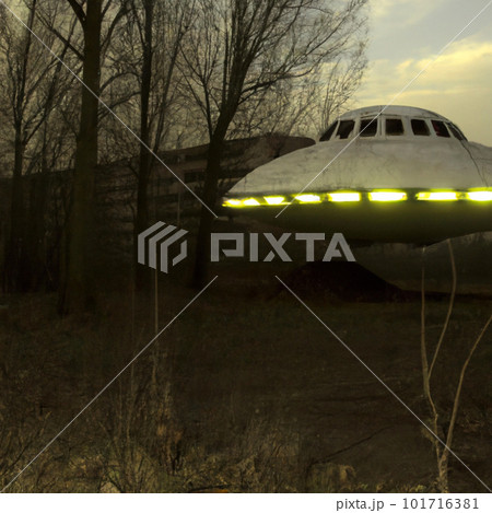 Unidentified flying object UFO. a visually observable moving or stationary, flying or appearing to be flying object in the atmosphere or outer space, or an optical phenomenon. UFO exploring Chernobyl. 101716381