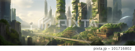 Futuristic cityscape with a lot of trees, floating spacecrafts, clean and streamlined, light white and green, majestic ports. AI generated Futuristic cityscape with a lot of trees, floating spacecrafts, clean and streamlined, light white and green, majestic ports. AI generated 101716802