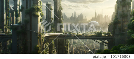 Futuristic cityscape with a lot of trees, floating spacecrafts, clean and streamlined, light white and green, majestic ports. AI generated Futuristic cityscape with a lot of trees, floating spacecrafts, clean and streamlined, light white and green, majestic ports. AI generated 101716803