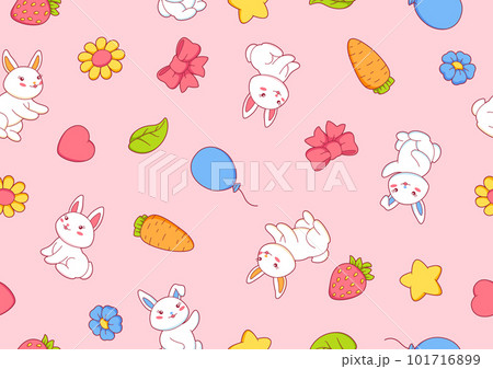 Seamless pattern with cute kawaii little bunnies. Funny characters and decorations in cartoon style. 101716899