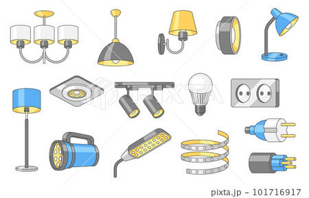 Set of electric lighting and lamps. Electrical equipment. Industrial or business images. Icons for website and shop. 101716917