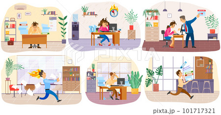 Set of illustrations about employees hurrying up with assignments. Chaos in office due to deadlines Set of illustrations about employees hurrying up with assignments. Chaos in office due to deadlines 101717321