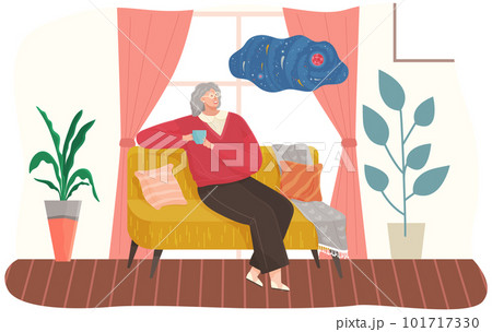 Adult woman sitting on couch at home drinking coffee resting after work, thinking about something Adult woman sitting on couch at home drinking coffee resting after work, thinking about something 101717330