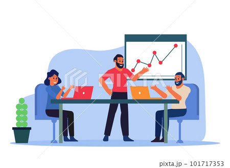 Conference of business partners in business in the office at the table. A man makes a presentation to a woman and a man. Meeting of employees at business planning meetings. Vector illustration Conference of business partners in business in the office at the table. A man makes a presentation to a woman and a man. Meeting of employees at business planning meetings. Vector illustration 101717353