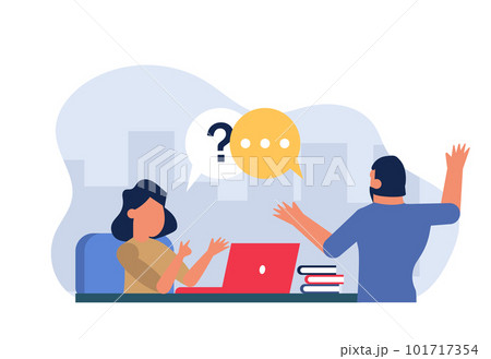 Man at a job interview. A woman sits at a table and asks questions to a man. Business vector illustration with people Man at a job interview. A woman sits at a table and asks questions to a man. Business vector illustration with people 101717354