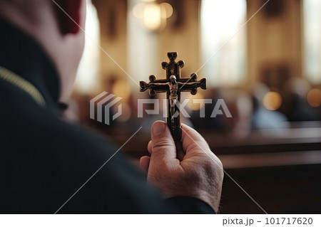 Church priest holds religious cross in hands. Generative AI 101717620