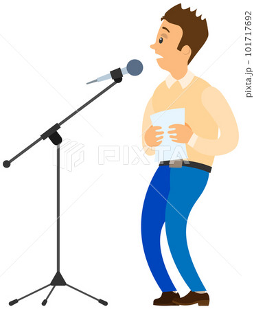 Fear of public speaking. Cartoon male character stands near microphone and trembles with fright Fear of public speaking. Cartoon male character stands near microphone and trembles with fright 101717692
