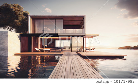 Luxury Wood Terrace, Wood Architecture, Modern Eco Hotel Drawing Imitation, Abstract Generative AI Illustration 101717985