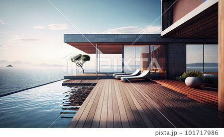 Luxury Wood Terrace, Wood Architecture, Modern Eco Hotel Drawing Imitation, Abstract Generative AI Illustration 101717986