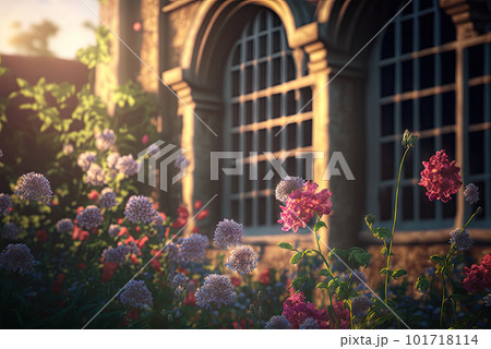 Fresh Morning Flowers Close-up on a Blurry Ancient Castle Background, Abstract Generative AI Illustration 101718114