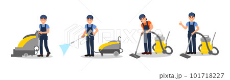 Man and Woman Cleaner in Blue Overall Vacuuming and Mopping Floor Vector Illustration Set 101718227