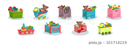 Boxes and Plastic Containers Full of Children Toys Vector Set Boxes and Plastic Containers Full of Children Toys Vector Set 101718229