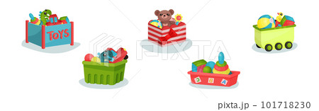 Boxes and Plastic Containers Full of Children Toys Vector Set 101718230