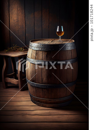 Wine Barrel in Winery Cellar, Old Whiskey, Alcohol Keg, Wine Barrel Mockup, Abstract Generative AI Illustration 101718244