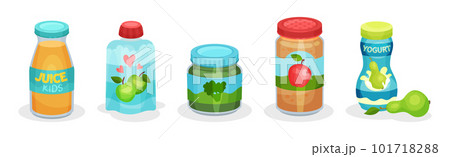 Baby Food with Puree, Juice and Yogurt Vector Set 101718288