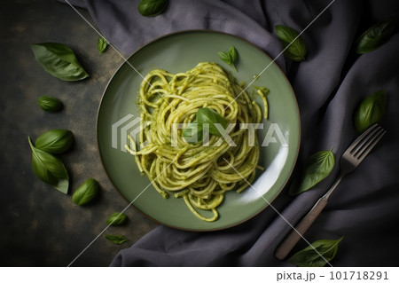 Pesto Spaghetti, Green Sauce Basil Pasta, Traditional Italian Spaghetti, Abstract Generative AI Illustration Pesto Spaghetti, Green Sauce Basil Pasta, Traditional Italian Spaghetti, Abstract Generative AI Illustration 101718291
