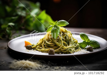 Pesto Spaghetti, Green Sauce Basil Pasta, Traditional Italian Spaghetti, Abstract Generative AI Illustration Pesto Spaghetti, Green Sauce Basil Pasta, Traditional Italian Spaghetti, Abstract Generative AI Illustration 101718292