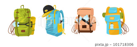 Camping or Hiking Backpack with Equipment and Gear Vector Set 101718306