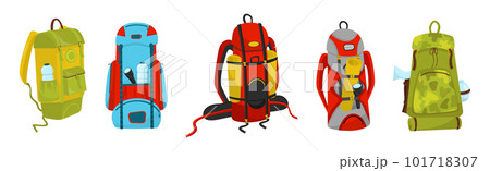 Camping or Hiking Backpack with Equipment and Gear Vector Set 101718307