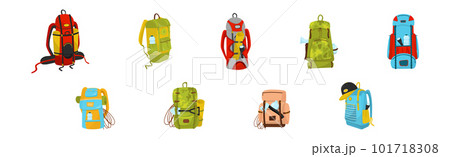 Camping or Hiking Backpack with Equipment and Gear Vector Set 101718308
