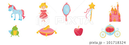 Princess Tale with Unicorn, Castle, Mirror, Shoe, Frog and Carriage Vector Set Princess Tale with Unicorn, Castle, Mirror, Shoe, Frog and Carriage Vector Set 101718324