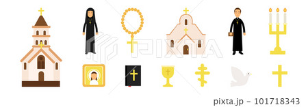 Christian Religion Attributes with Candle, Church and Man and Woman Priest Vector Set Christian Religion Attributes with Candle, Church and Man and Woman Priest Vector Set 101718343