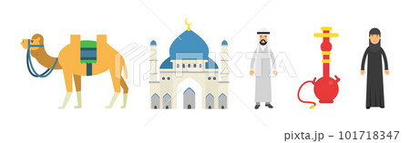 Muslim Religion Attributes with Mosque, Hookah and Camel Vector Set 101718347