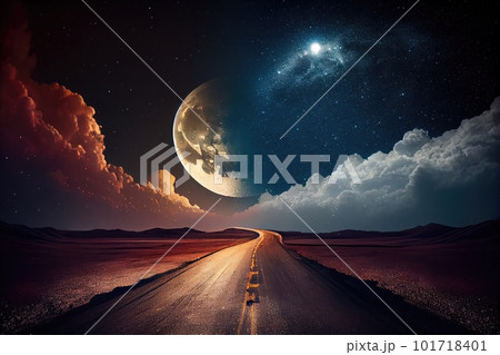 Fantasy Fairy Tale Full Moon Illuminates the Night Road, Shining Moonlight, Abstract Generative AI Illustration 101718401