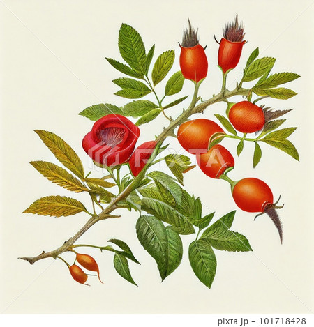 Rose Hip Flower Botanical Illustration