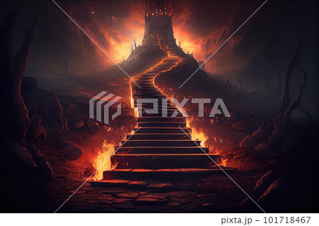 Steps to Hell, Fire Stairway, Halloween Party Entrance, Drawing Imitation, Abstract Generative AI Illustration Steps to Hell, Fire Stairway, Halloween Party Entrance, Drawing Imitation, Abstract Generative AI Illustration 101718467