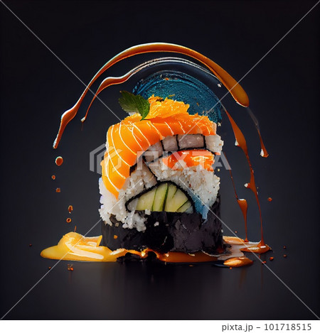 Sushi Nigiri on Dark Background, Japanese Seafood, Salmon Susi Abstract Generative AI Illustration 101718515