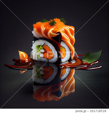 Sushi Nigiri on Dark Background, Japanese Seafood, Salmon Susi Abstract Generative AI Illustration Sushi Nigiri on Dark Background, Japanese Seafood, Salmon Susi Abstract Generative AI Illustration 101718516