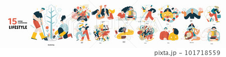 Lifestyle series set - modern flat vector illustrations of people living their lives and engaging in a hobby. People society activities methapors and hobbies concept Lifestyle series set - modern flat vector illustrations of people living their lives and engaging in a hobby. People society activities methapors and hobbies concept 101718559