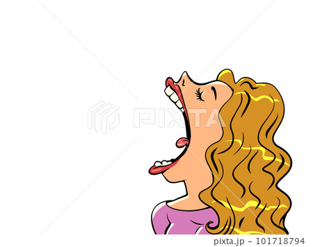 A girl with golden hair opens her mouth wide. Customer consumption. A girl with golden hair opens her mouth wide. Customer consumption. 101718794