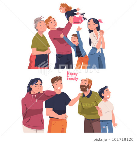 Happy Family Together with Young and Old Generation with Kids Vector Illustration Set 101719120