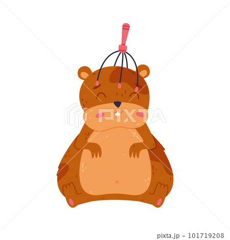 Cute hamster relaxing with head massager, funny brown rodent pet animal cartoon vector illustration Cute hamster relaxing with head massager, funny brown rodent pet animal cartoon vector illustration 101719208