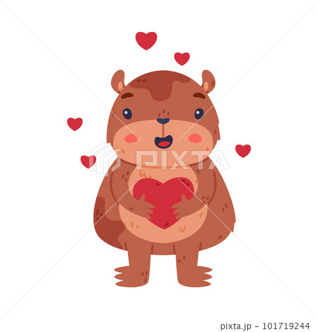 Cute Hamster Character with Stout Body Holding Red Heart Feeling Love Vector Illustration 101719244