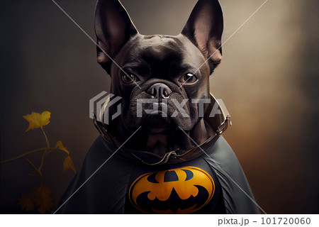 Black french bulldog sitting on Halloween in black cape on a dark background with yellow plant Black french bulldog sitting on Halloween in black cape on a dark background with yellow plant 101720060