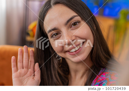 Caucasian woman blogger taking selfie on smartphone recording vlog stories social media subscribers Caucasian woman blogger taking selfie on smartphone recording vlog stories social media subscribers 101720439