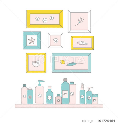 Bright cartoon cosmetic bottles on shalf. Bright body cream tube, cleanser, oil, lotion, scandinavian paints vector illustrations. Bright cartoon cosmetic bottles on shalf. Bright body cream tube, cleanser, oil, lotion, scandinavian paints vector illustrations. 101720464