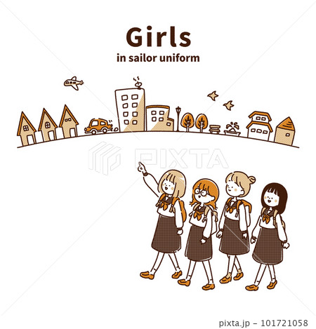 セーラー服の女の子のイラスト　街の背景のイラスト 101721058